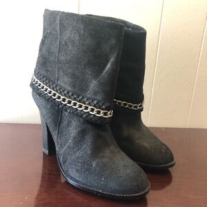 Zodiac Black Suede Braided-Trim Ankle Heeled Boots